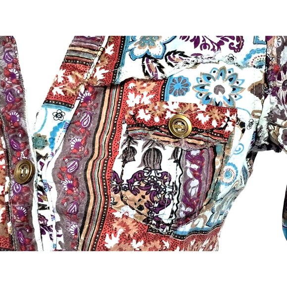 Crown of Hearts Shirt Womens Size S Top Boho Patchwork Button Down Collared Adj - Picture 4 of 16